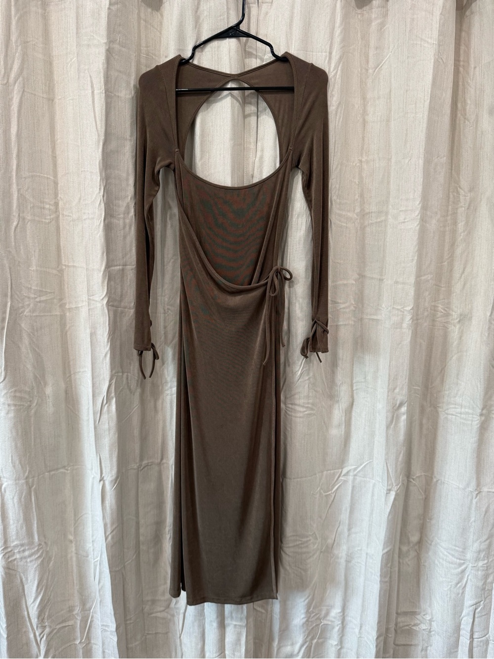 Mirror Palais Brown Long-Sleeve Open-Back Wrap Dress
